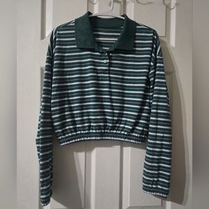 Preppy Striped Long Sleeve Cropped Polo Top by Arizona Jeans, Elastic Hem, EUC!